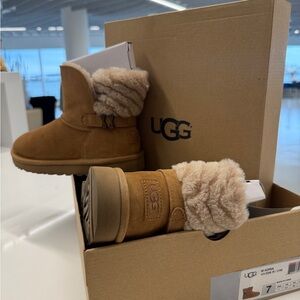 UGG Chestnut Suede Sheepskin Cuff Mini Boots